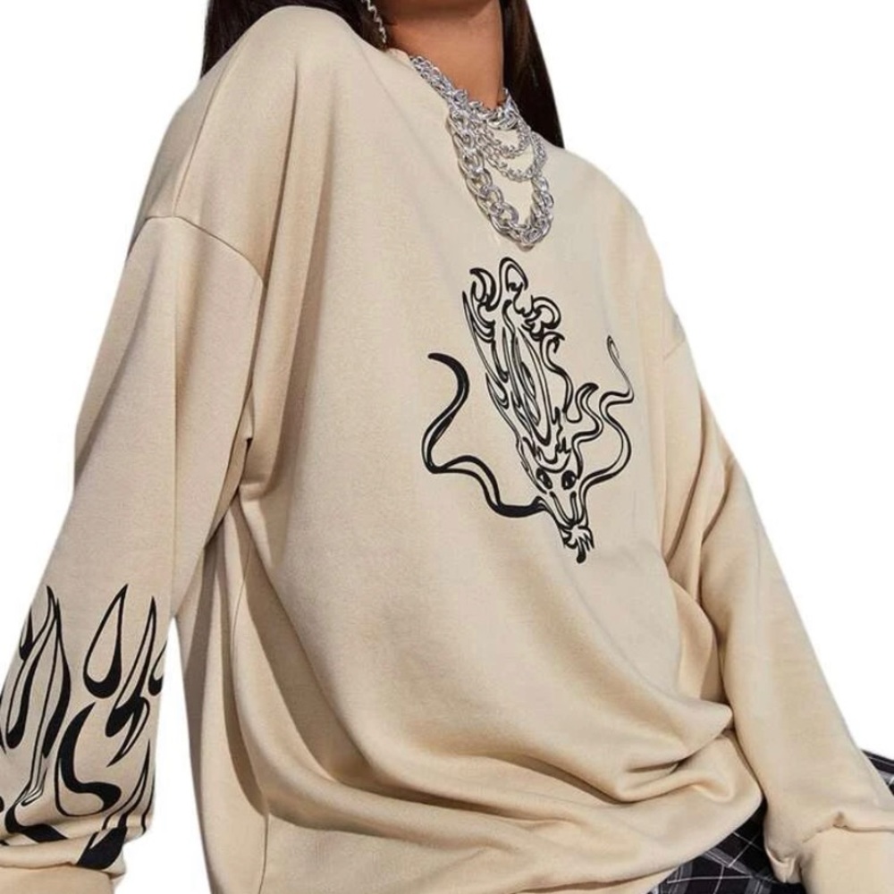 Shein Dragon Off-White Crewneck with right sleeve detail